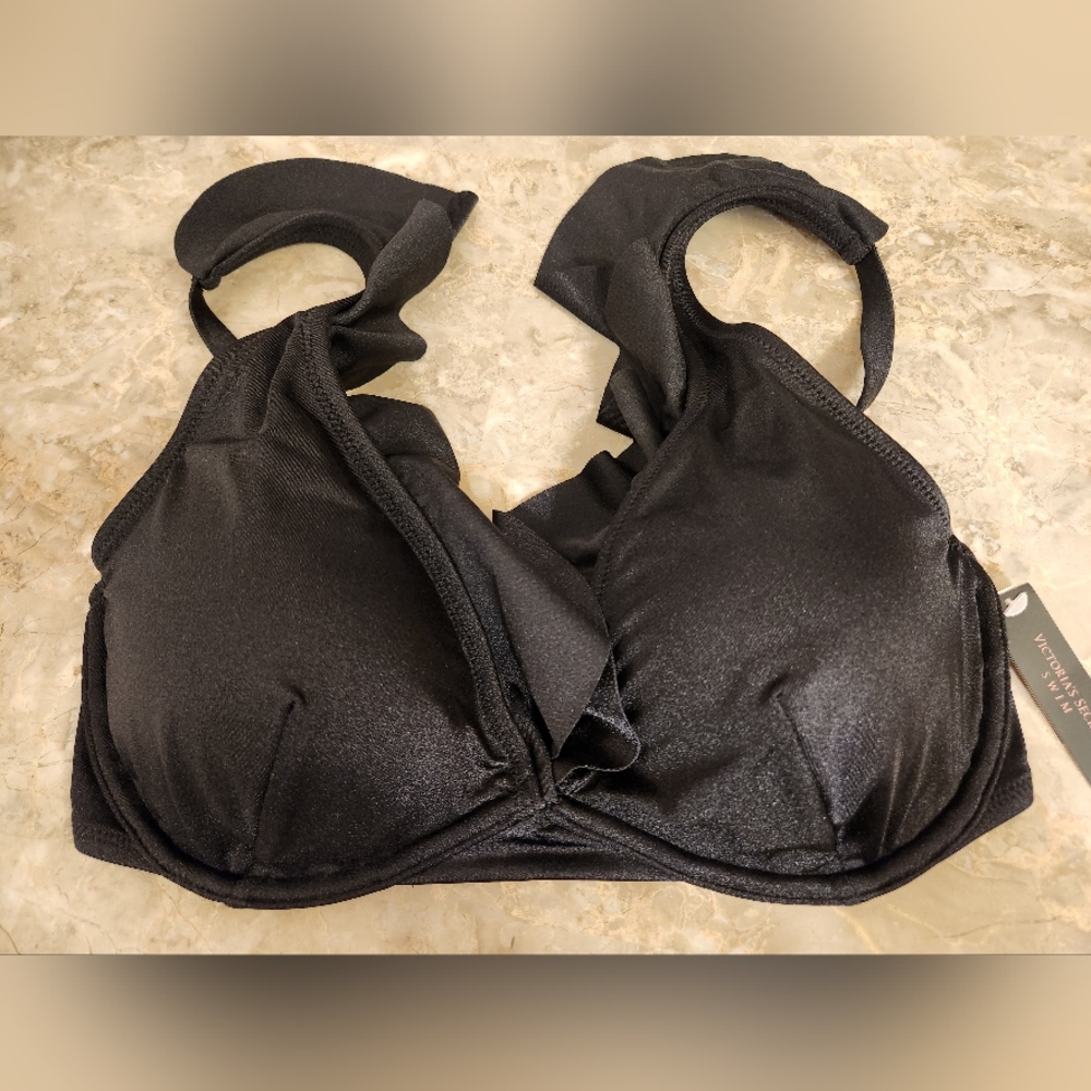 32DD VS Swim Ruffle Plunge Bikini Top Black Tropical